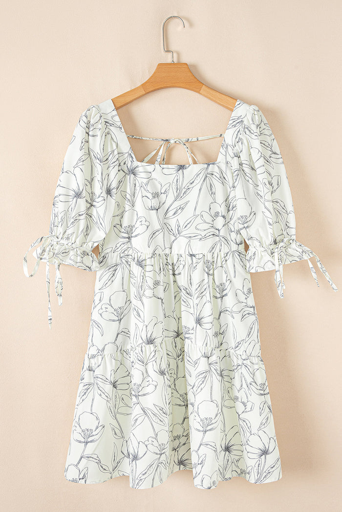 Beige Floral Print Square Neck Shirred Back Puff Sleeve Mini Dress - Dresses/Floral Dresses