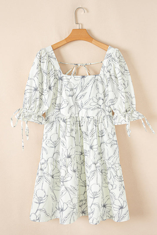 Beige Floral Print Square Neck Shirred Back Puff Sleeve Mini Dress - Dresses/Floral Dresses
