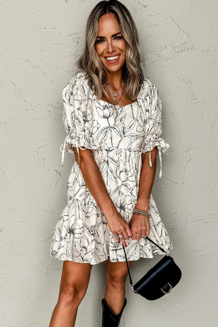 Beige Floral Print Square Neck Shirred Back Puff Sleeve Mini Dress - Dresses/Floral Dresses