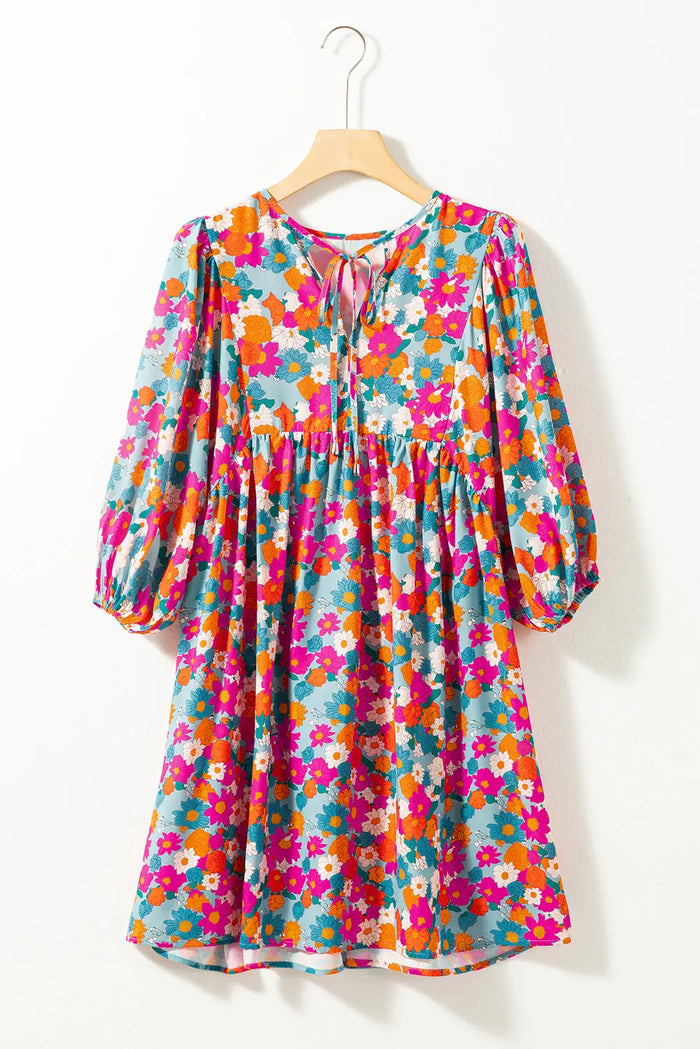 Sky Blue Floral Print Tie Split Neck Bubble Sleeve Babydoll Dress - Dresses/Floral Dresses