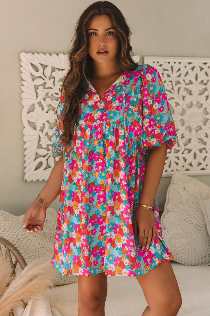 Sky Blue Floral Print Tie Split Neck Bubble Sleeve Babydoll Dress - S / 100% Polyester - Dresses/Floral Dresses