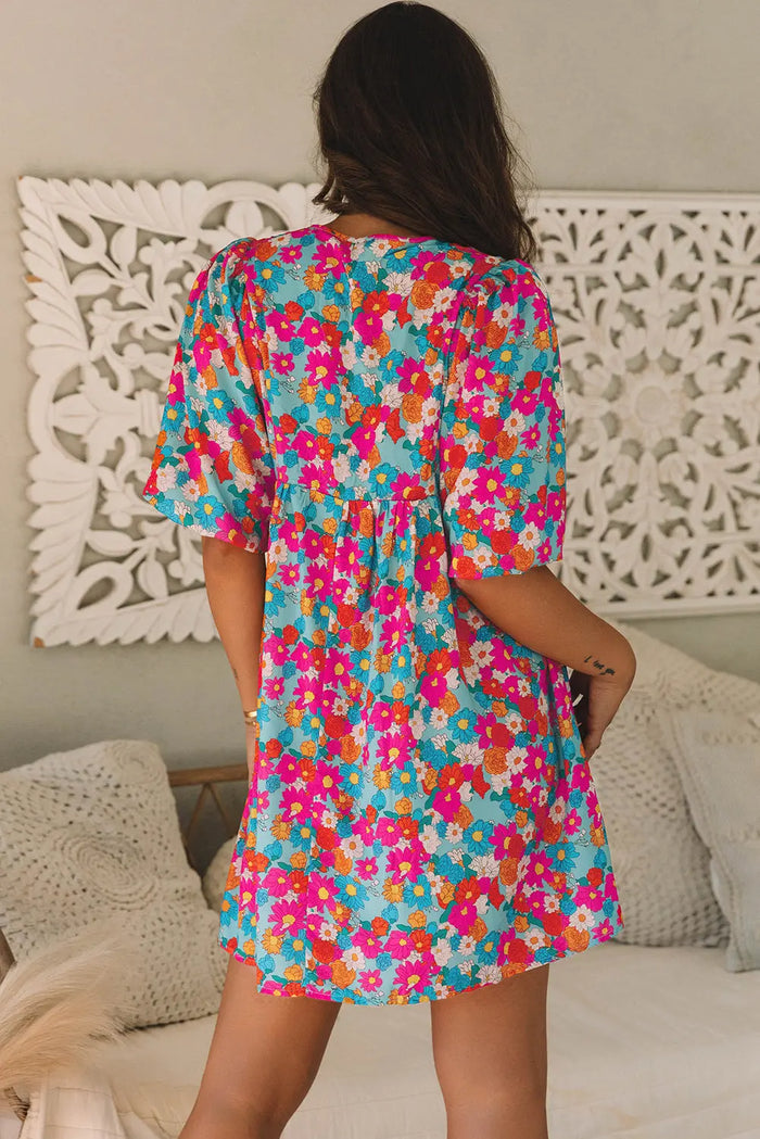 Sky Blue Floral Print Tie Split Neck Bubble Sleeve Babydoll Dress - Dresses/Floral Dresses