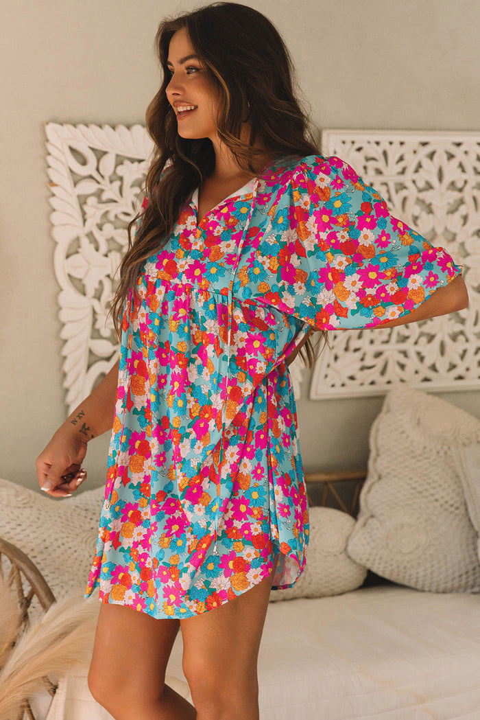 Sky Blue Floral Print Tie Split Neck Bubble Sleeve Babydoll Dress - Dresses/Floral Dresses