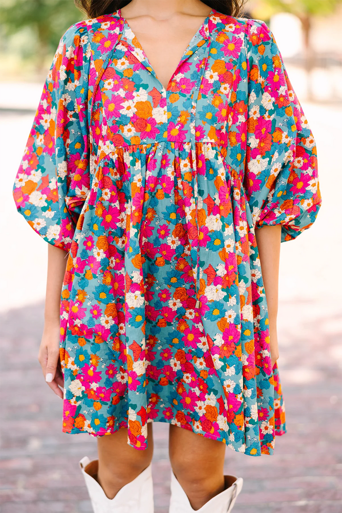 Sky Blue Floral Print Tie Split Neck Bubble Sleeve Babydoll Dress - Dresses/Floral Dresses