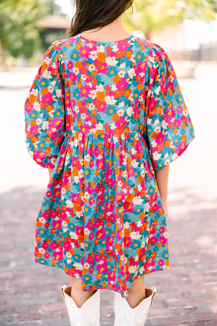 Sky Blue Floral Print Tie Split Neck Bubble Sleeve Babydoll Dress - Dresses/Floral Dresses