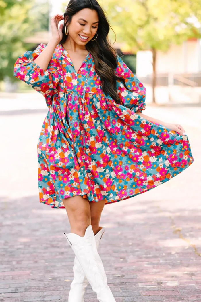 Sky Blue Floral Print Tie Split Neck Bubble Sleeve Babydoll Dress - Dresses/Floral Dresses
