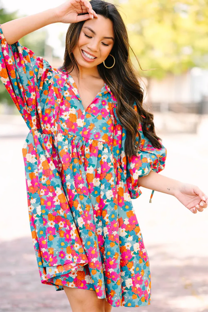 Sky Blue Floral Print Tie Split Neck Bubble Sleeve Babydoll Dress - Dresses/Floral Dresses