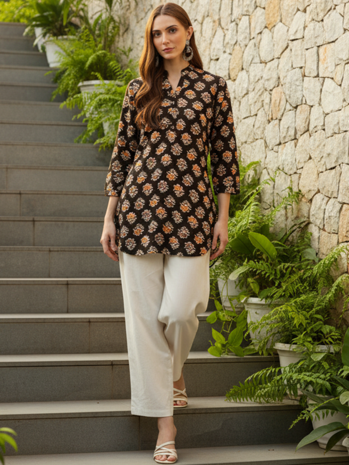 Floral Printed Mandarin Collar Tunic, Collar Neck, Floral Printed, Black Color, Printed Kurta, Short Kurta