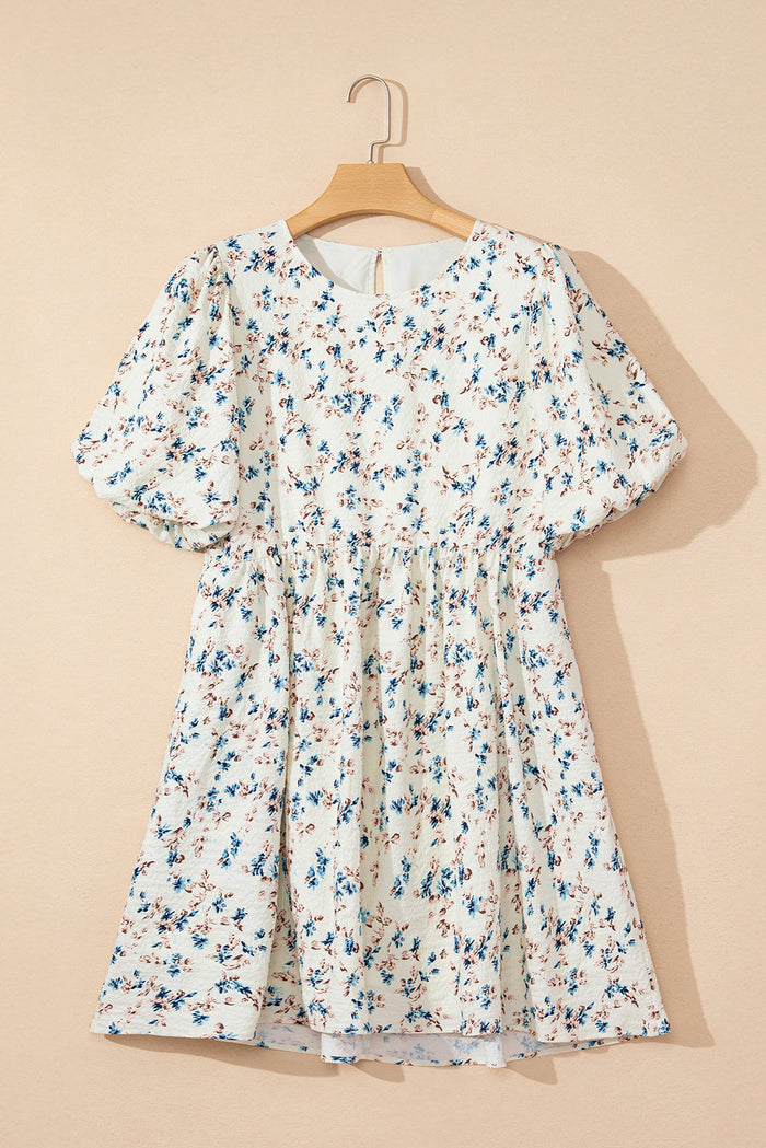 Beige Floral Puff Short Sleeve Empire Waist Mini Dress - Dresses/Floral Dresses