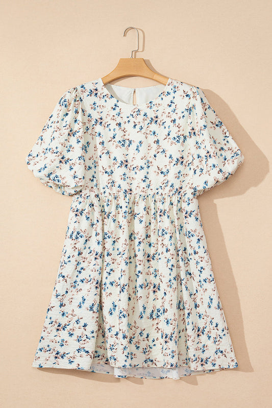 Beige Floral Puff Short Sleeve Empire Waist Mini Dress - Dresses/Floral Dresses