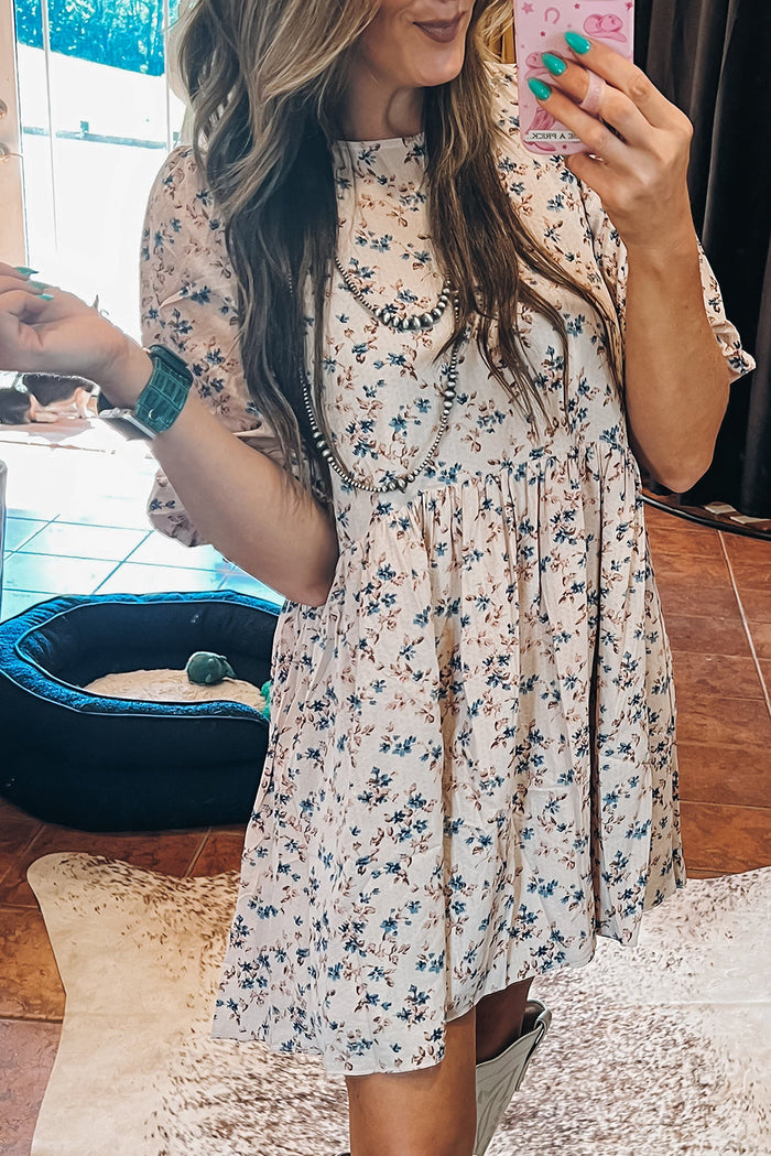 Beige Floral Puff Short Sleeve Empire Waist Mini Dress - S / 100% Polyester - Dresses/Floral Dresses