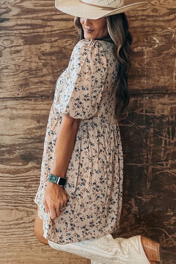 Beige Floral Puff Short Sleeve Empire Waist Mini Dress - Dresses/Floral Dresses