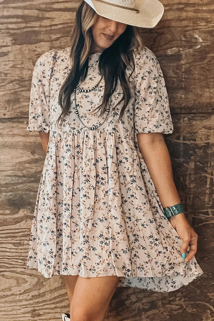 Beige Floral Puff Short Sleeve Empire Waist Mini Dress - Dresses/Floral Dresses