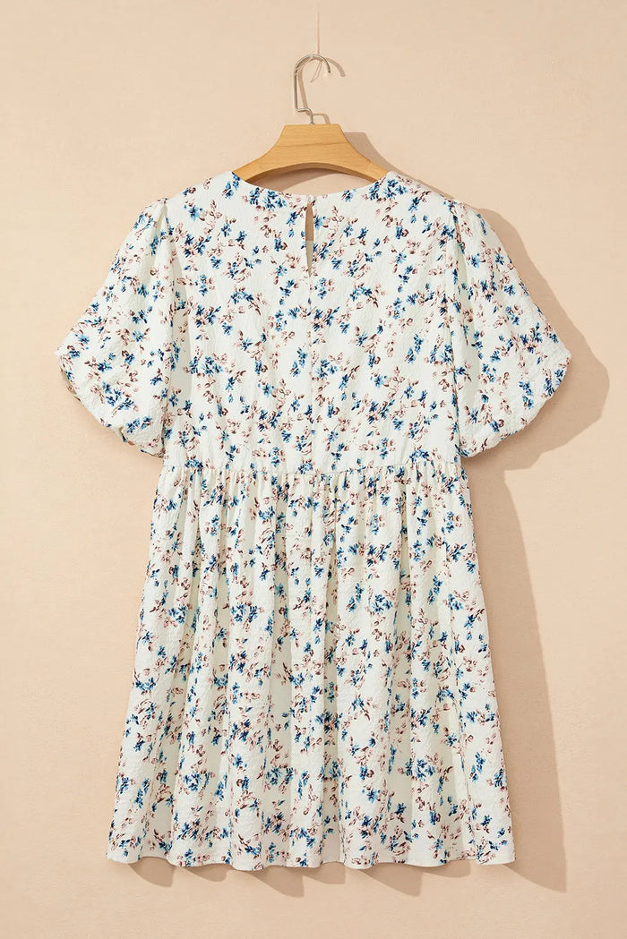 Beige Floral Puff Short Sleeve Empire Waist Mini Dress - Dresses/Floral Dresses