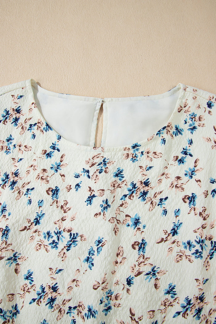 Beige Floral Puff Short Sleeve Empire Waist Mini Dress - Dresses/Floral Dresses