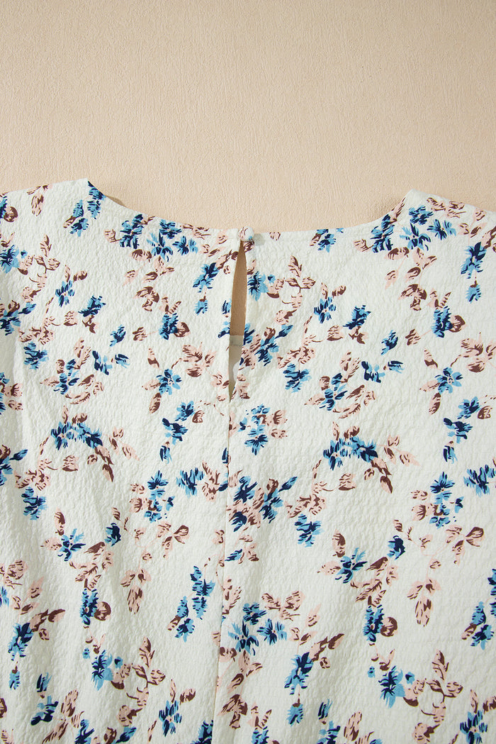 Beige Floral Puff Short Sleeve Empire Waist Mini Dress - Dresses/Floral Dresses