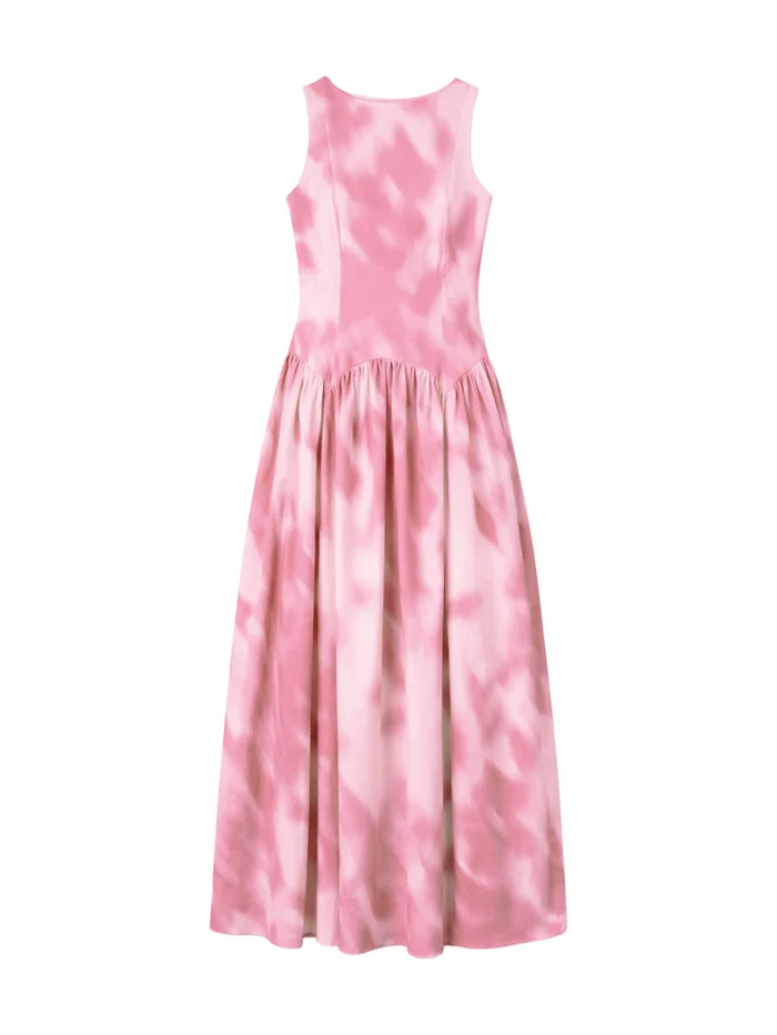 Frankie pink blurred print maxi dress with dropped waist and gathered skirt