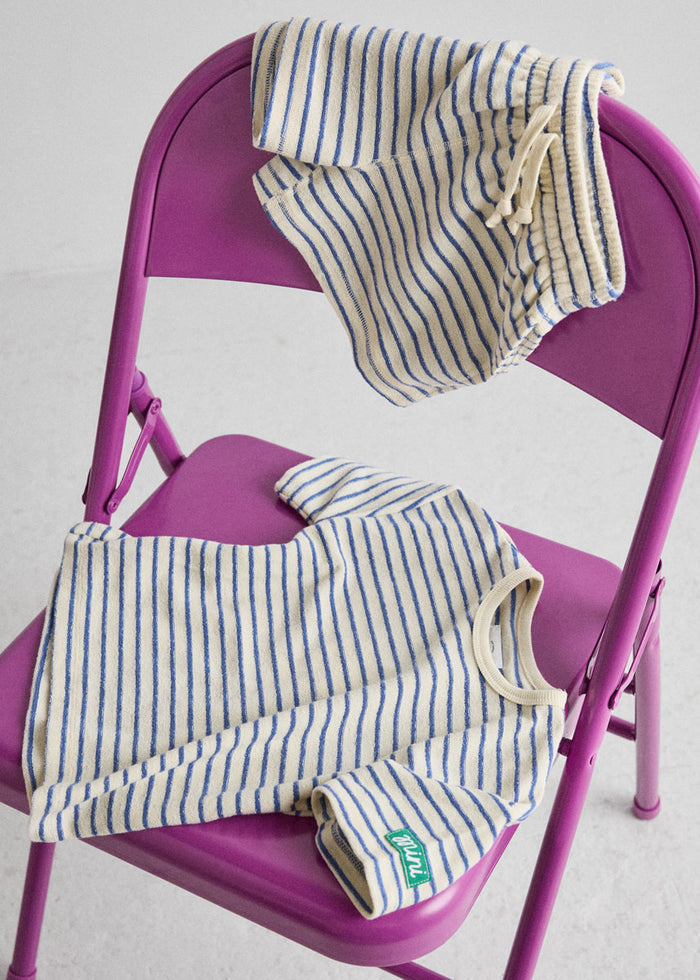 French Terry Striped Oversized Set - Ivory & Blue