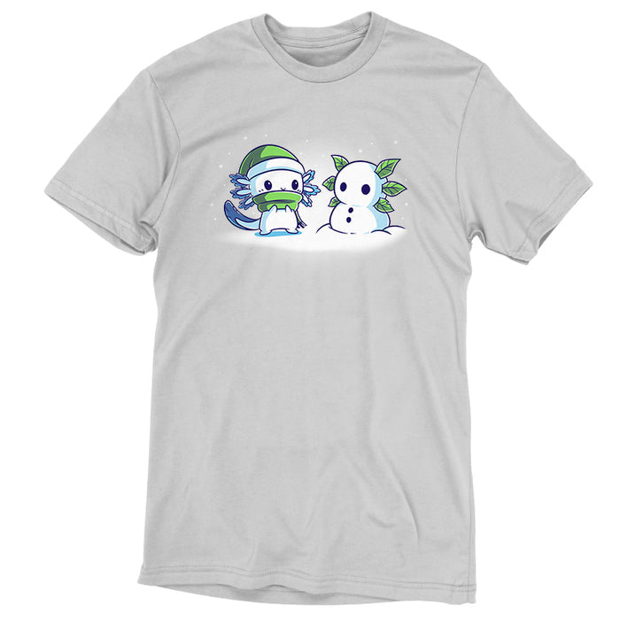 Premium Cotton T-shirt_TeeTurtle Frosty Friend A cute, blue cartoon creature with a green hat and scarf stands next to its Frosty Friend, a snowman with leaf arms, in a snowy setting.