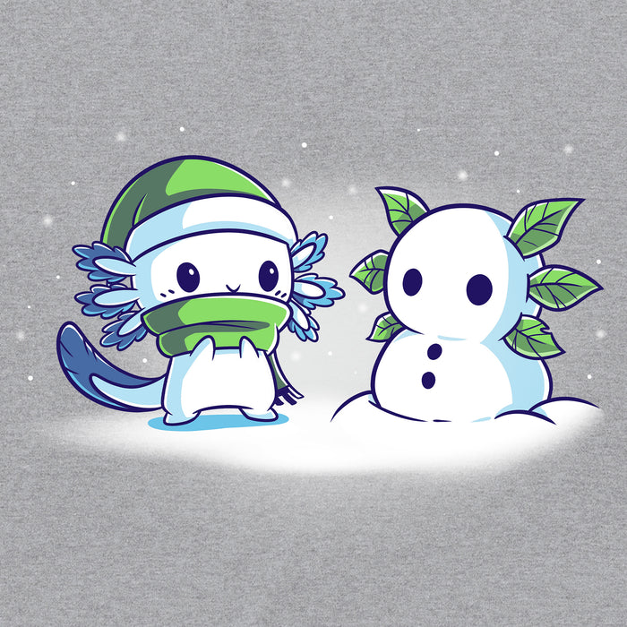 Classic Cotton T-shirt_TeeTurtle Frosty Friend A cute, blue cartoon creature with a green hat and scarf stands next to its Frosty Friend, a snowman with leaf arms, in a snowy setting.