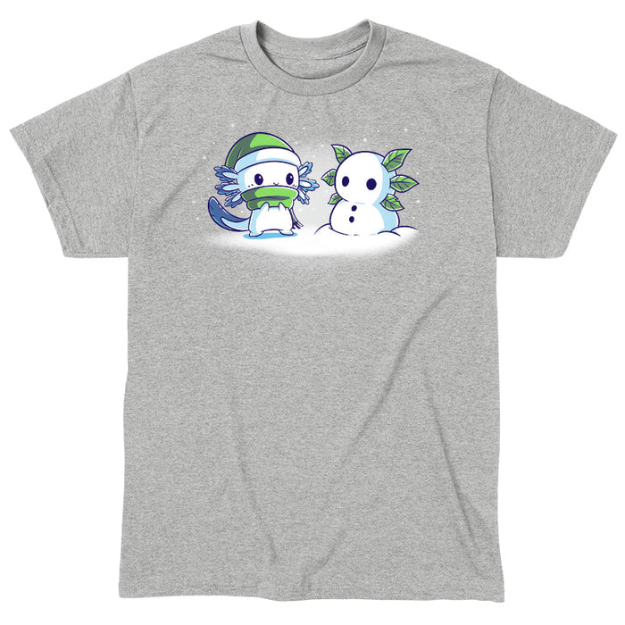 Classic Cotton T-shirt_TeeTurtle Frosty Friend A cute, blue cartoon creature with a green hat and scarf stands next to its Frosty Friend, a snowman with leaf arms, in a snowy setting.