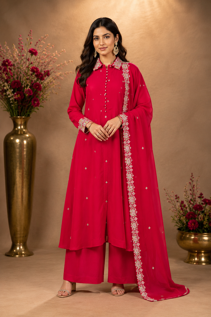 Fuchsia Embroidered Kurta Palazzo Set with Dupatta