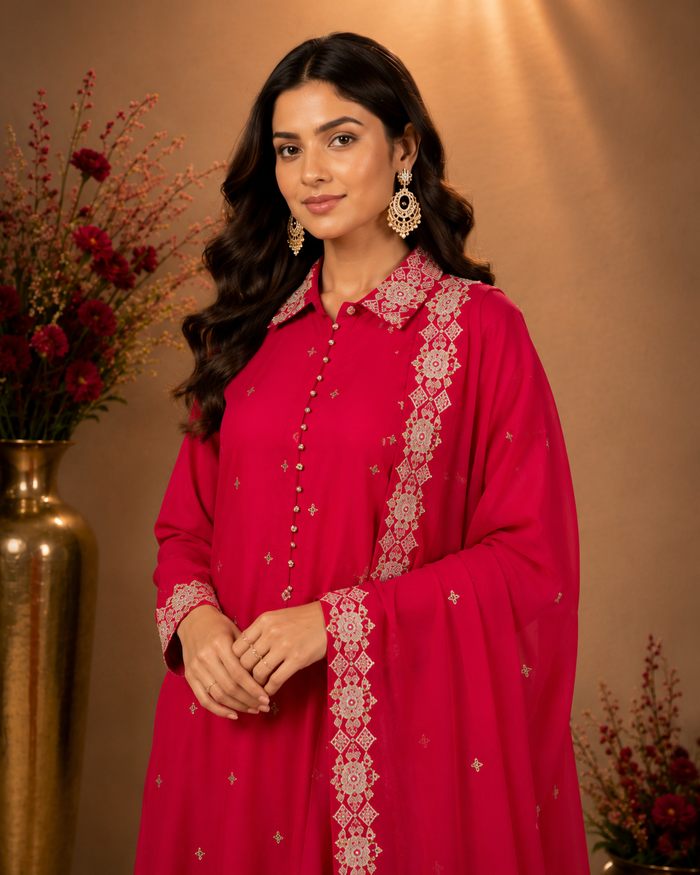 Fuchsia Embroidered Kurta Palazzo Set with Dupatta