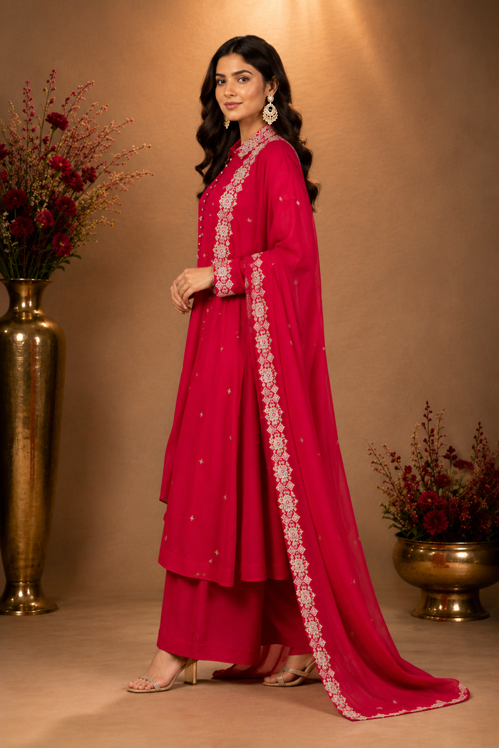 Fuchsia Embroidered Kurta Palazzo Set with Dupatta