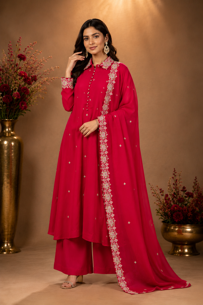 Fuchsia Embroidered Kurta Palazzo Set with Dupatta