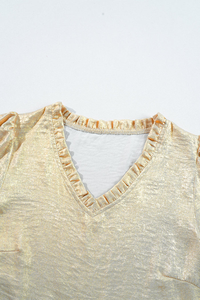 Gold Metallic Frilled V Neck Puff Sleeve Babydoll Blouse - GOLD / S / 100% POLYESTER - Tops/Blouses & Shirts