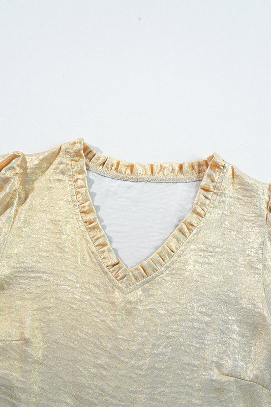 Gold Metallic Frilled V Neck Puff Sleeve Babydoll Blouse - GOLD / S / 100% POLYESTER - Tops/Blouses & Shirts