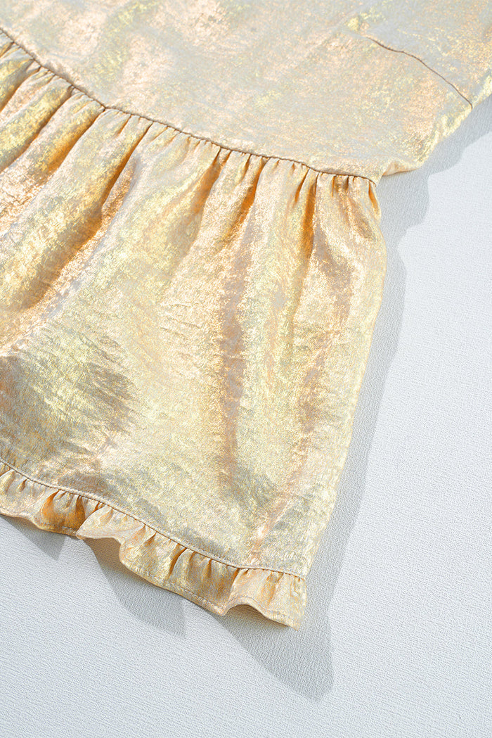 Gold Metallic Frilled V Neck Puff Sleeve Babydoll Blouse - Tops/Blouses & Shirts