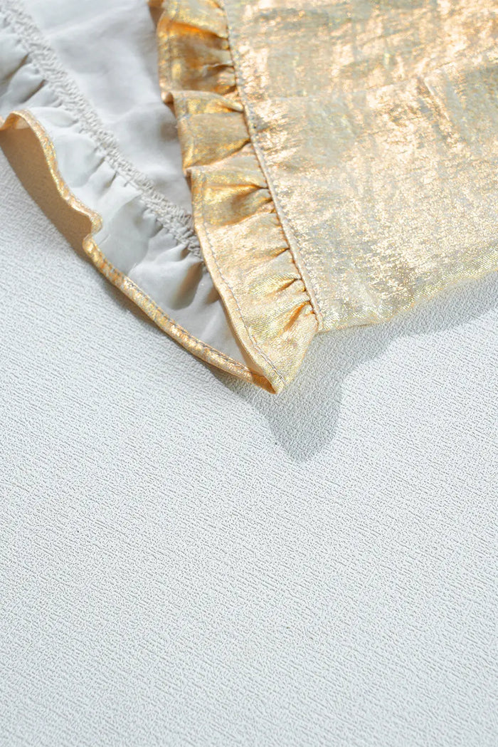 Gold Metallic Frilled V Neck Puff Sleeve Babydoll Blouse - Tops/Blouses & Shirts
