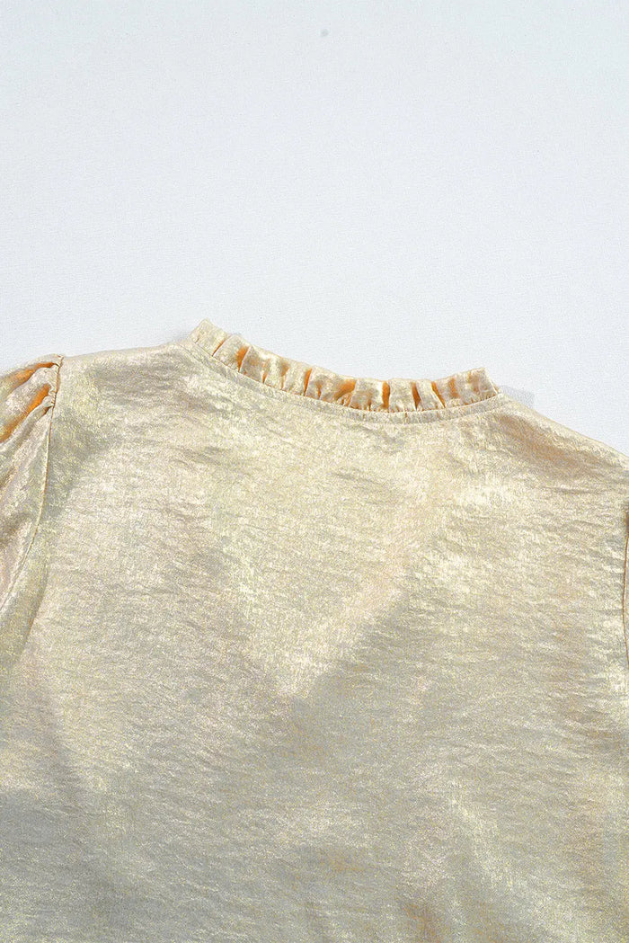 Gold Metallic Frilled V Neck Puff Sleeve Babydoll Blouse - Tops/Blouses & Shirts
