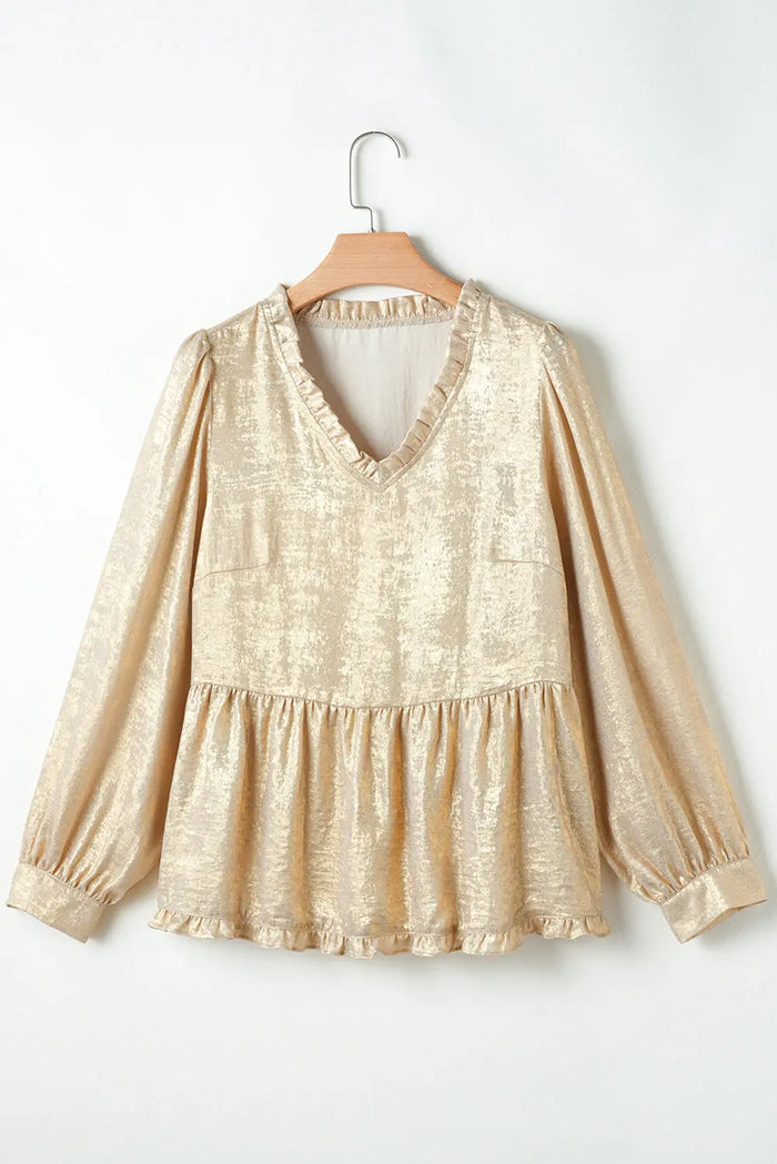 Gold Metallic Frilled V Neck Puff Sleeve Babydoll Blouse - Tops/Blouses & Shirts