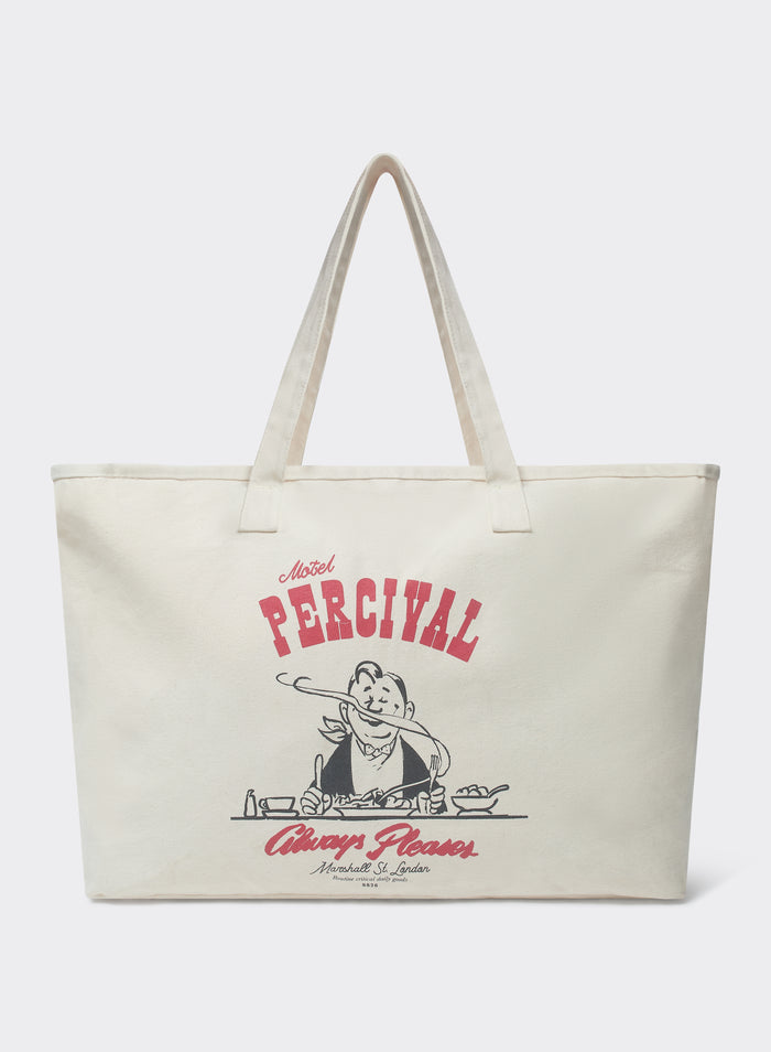 Percival Gordon Large Tote Bag in cream cotton, featuring a red and black motel graphic, shot against a white background.