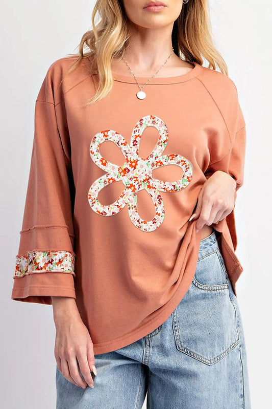 Grapefruit Orange Flower Patch Graphic Exposed Seam Wide Sleeve Top - GRAPEFRUIT ORANGE / S / 65% POLYESTER + 35%