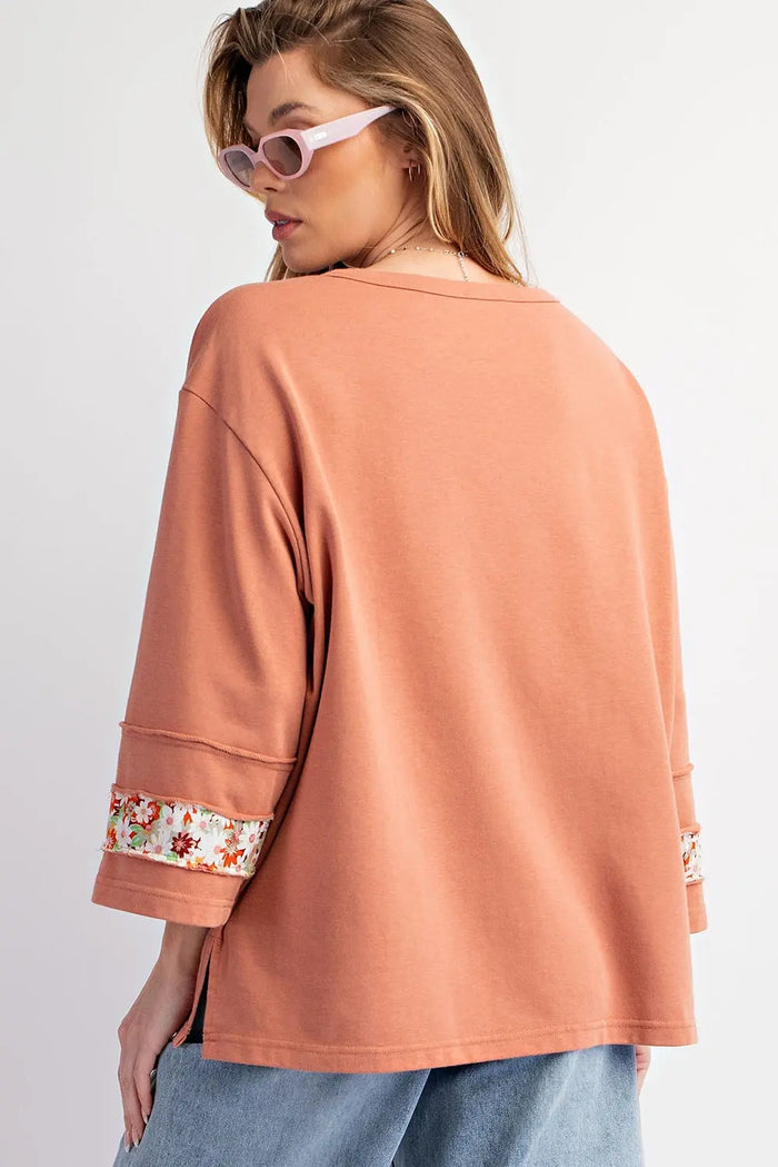 Grapefruit Orange Flower Patch Graphic Exposed Seam Wide Sleeve Top - Graphic/Graphic Long Tees
