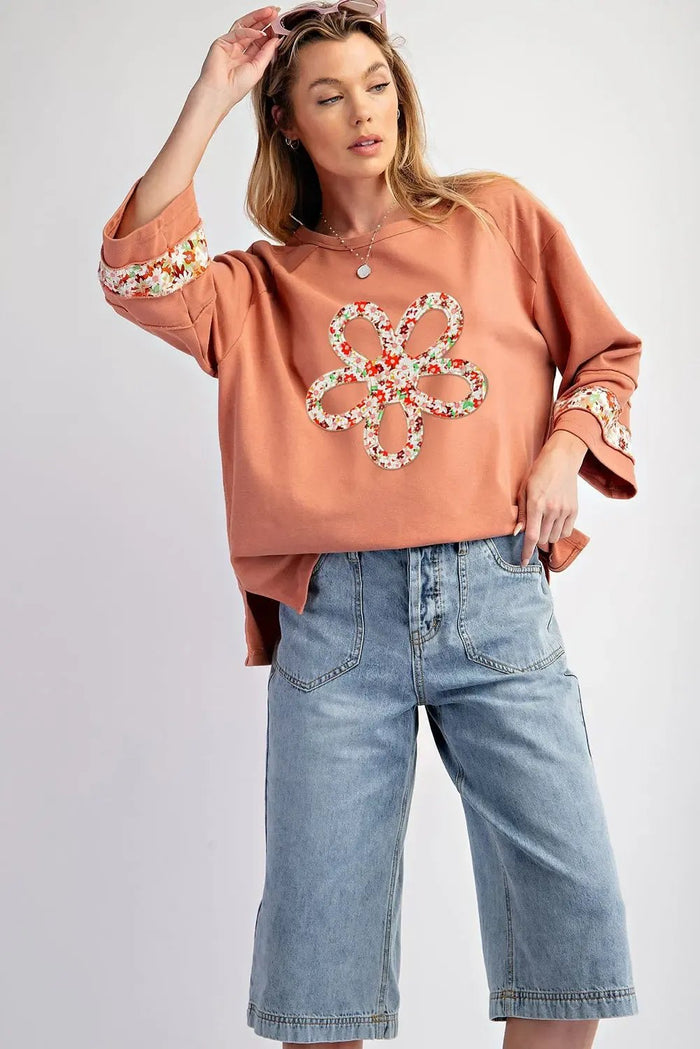 Grapefruit Orange Flower Patch Graphic Exposed Seam Wide Sleeve Top - Graphic/Graphic Long Tees