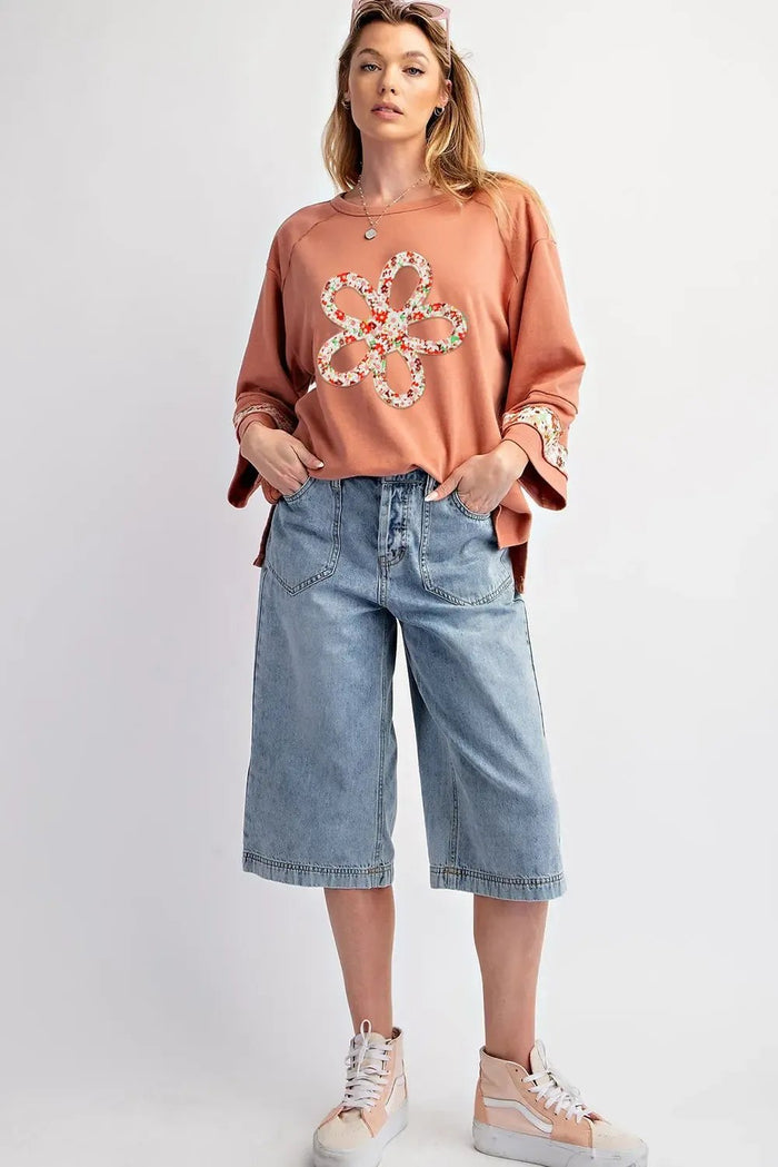 Grapefruit Orange Flower Patch Graphic Exposed Seam Wide Sleeve Top - Graphic/Graphic Long Tees