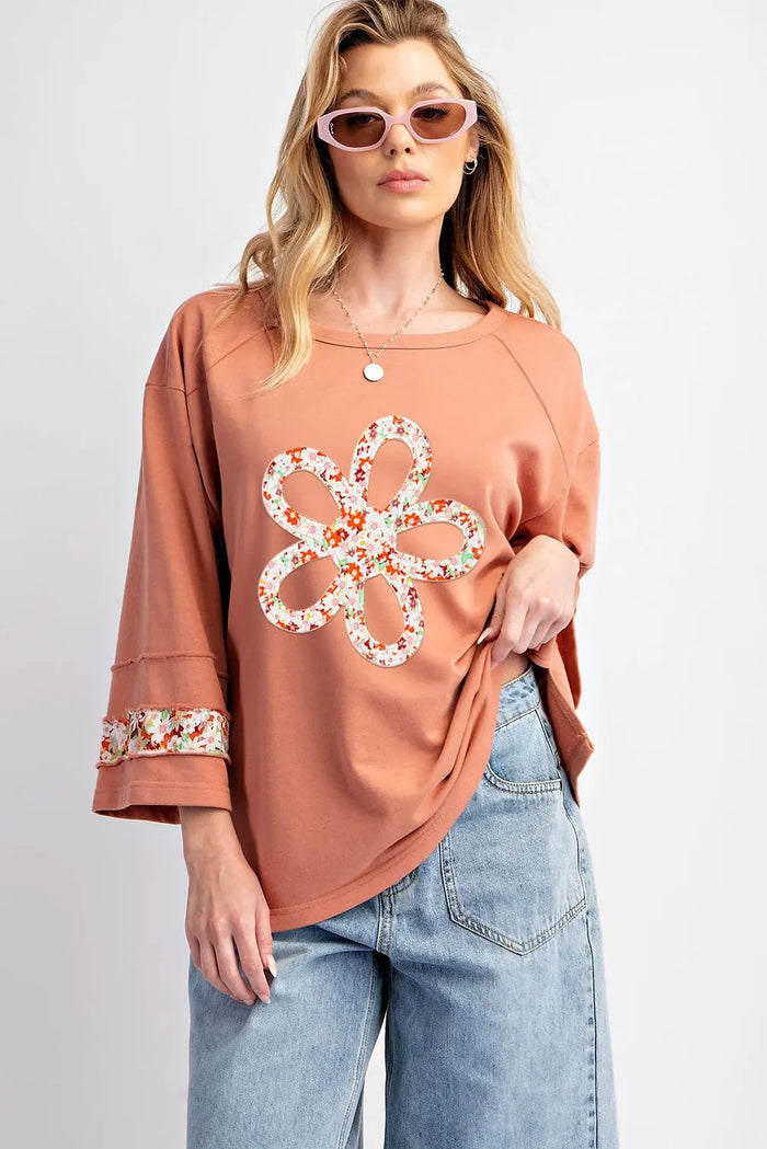 Grapefruit Orange Flower Patch Graphic Exposed Seam Wide Sleeve Top - Graphic/Graphic Long Tees
