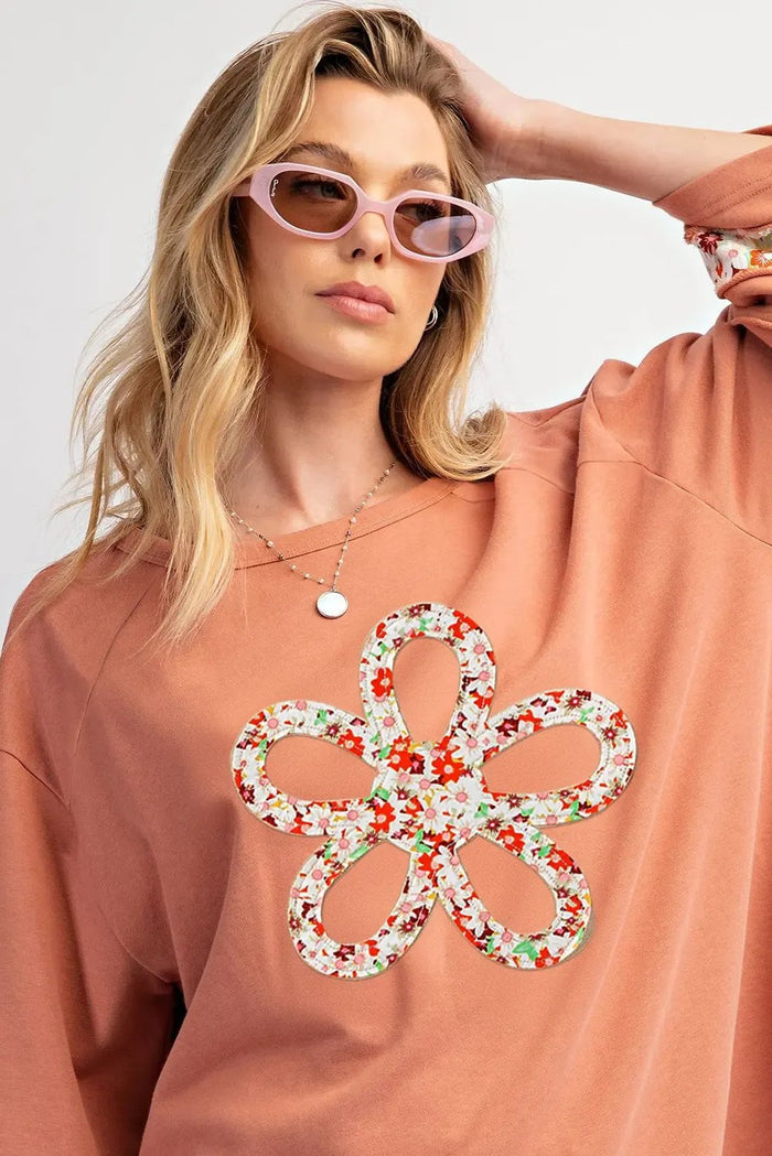 Grapefruit Orange Flower Patch Graphic Exposed Seam Wide Sleeve Top - Graphic/Graphic Long Tees