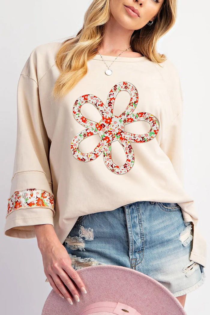 Grapefruit Orange Flower Patch Graphic Exposed Seam Wide Sleeve Top - BEIGE / S / 65% POLYESTER + 35% COTTON