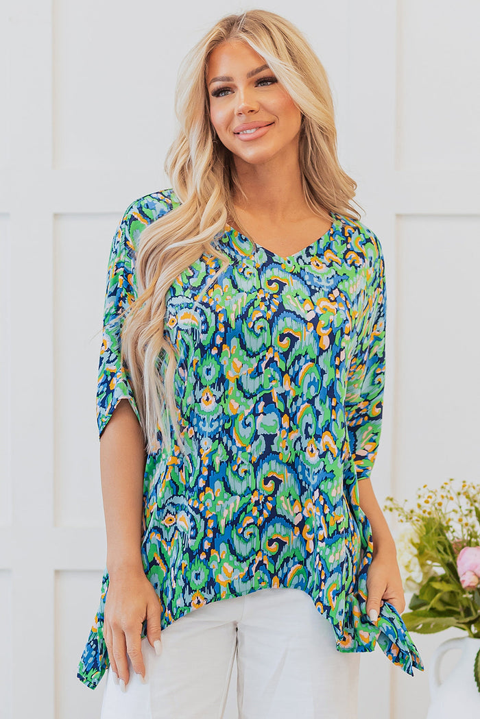 Green Abstract Print V Neck Half Sleeve Loose Fit Tunic Blouse - S / 100% Polyester - Tops/Blouses & Shirts