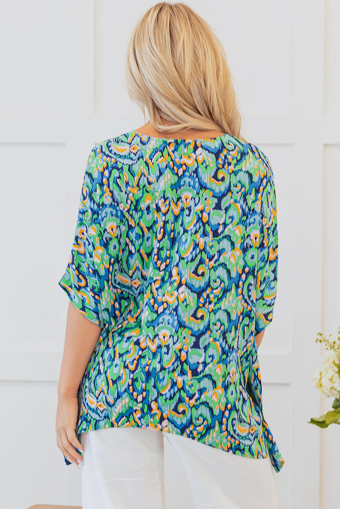Green Abstract Print V Neck Half Sleeve Loose Fit Tunic Blouse - Tops/Blouses & Shirts
