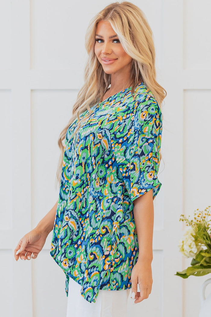 Green Abstract Print V Neck Half Sleeve Loose Fit Tunic Blouse - Tops/Blouses & Shirts