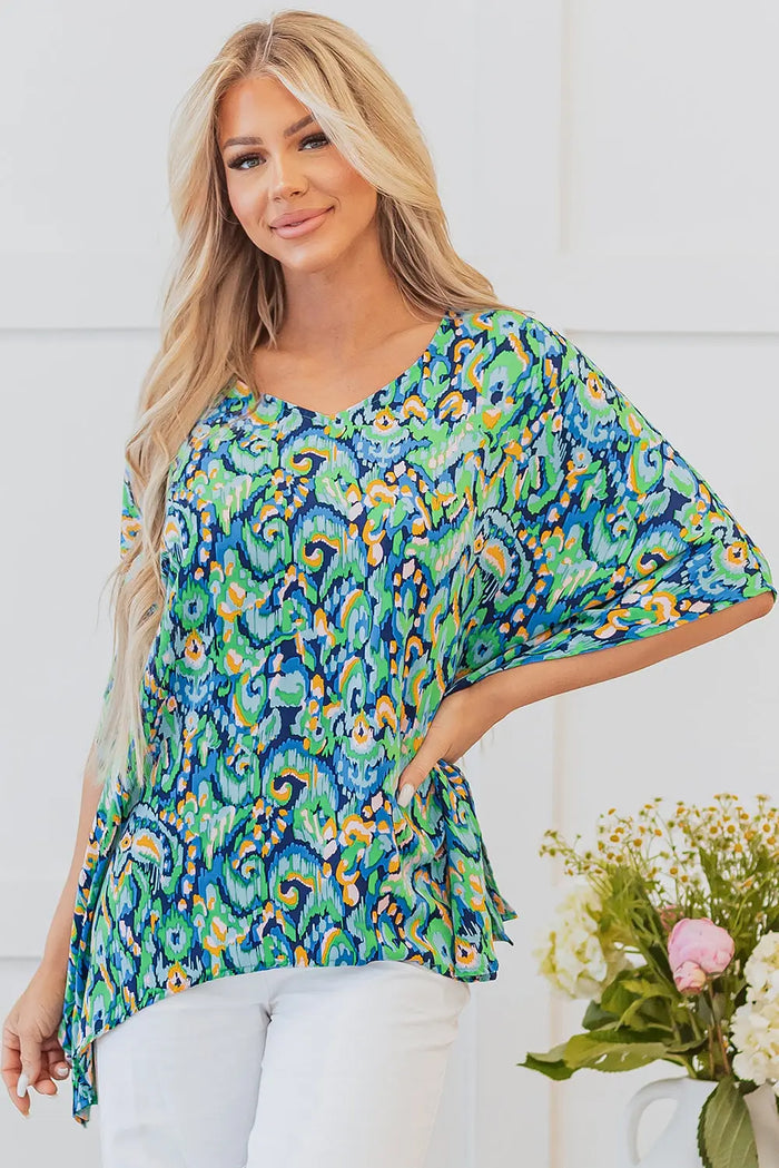 Green Abstract Print V Neck Half Sleeve Loose Fit Tunic Blouse - Tops/Blouses & Shirts
