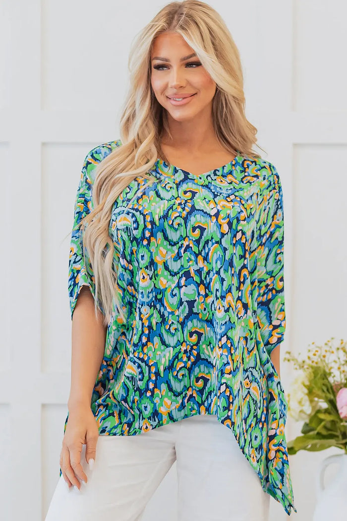 Green Abstract Print V Neck Half Sleeve Loose Fit Tunic Blouse - Tops/Blouses & Shirts