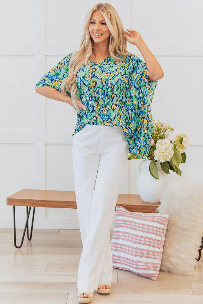 Green Abstract Print V Neck Half Sleeve Loose Fit Tunic Blouse - Tops/Blouses & Shirts