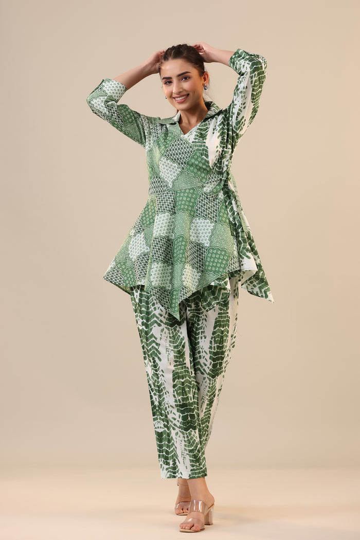 Green abstract Shibori Knot Cotton Co-ord Set